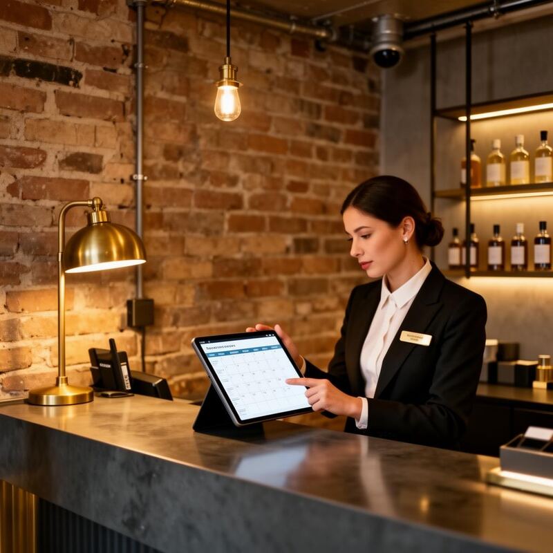 Recepción de hotel boutique con calendario y llaves, control de disponibilidad