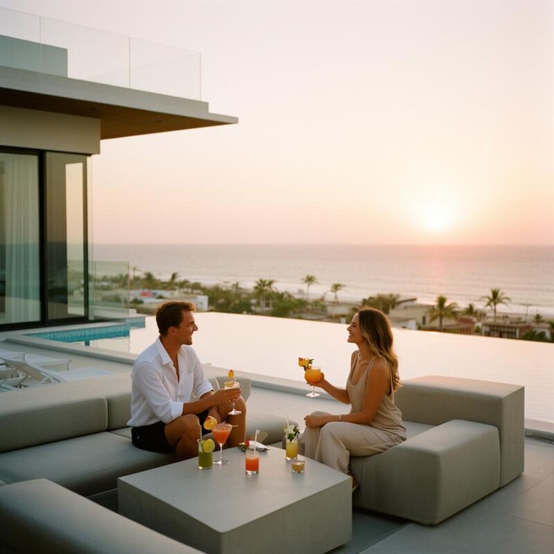 Pareja disfrutando cocktails en terraza de hotel boutique al atardecer