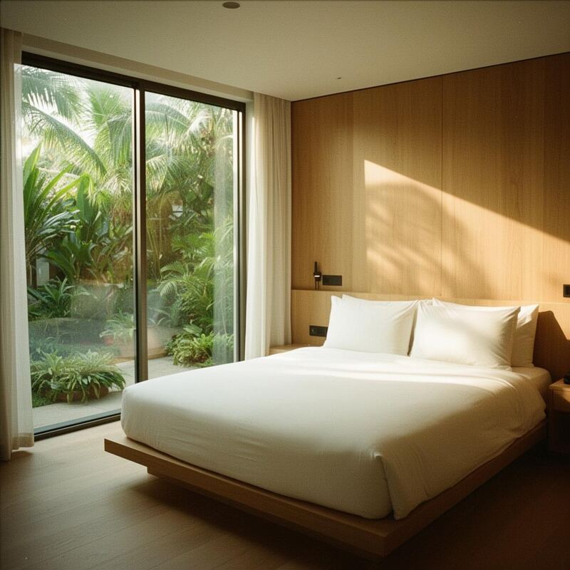 Habitación de hotel boutique vacía con luz natural, representando oportunidad
