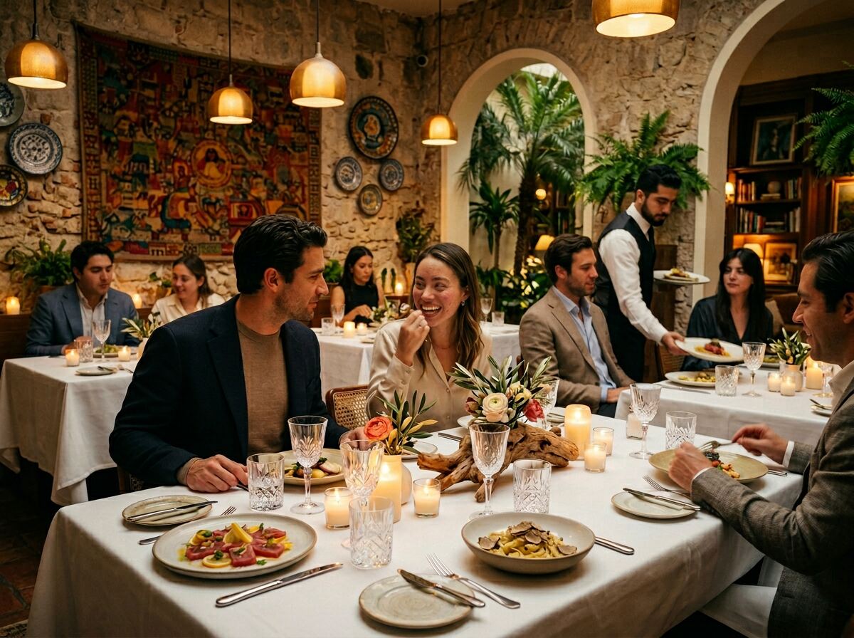 Restaurante de hotel boutique lleno de huéspedes felices