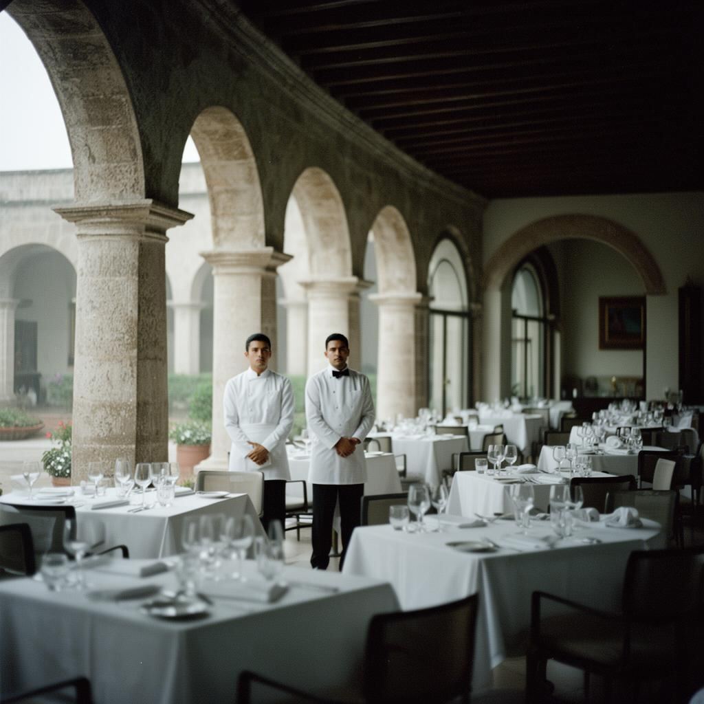 Restaurante de hotel boutique vacío con meseros esperando